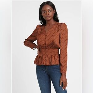 Banana Republic Satin Puff Sleeve Brown Polka Dot Blouse